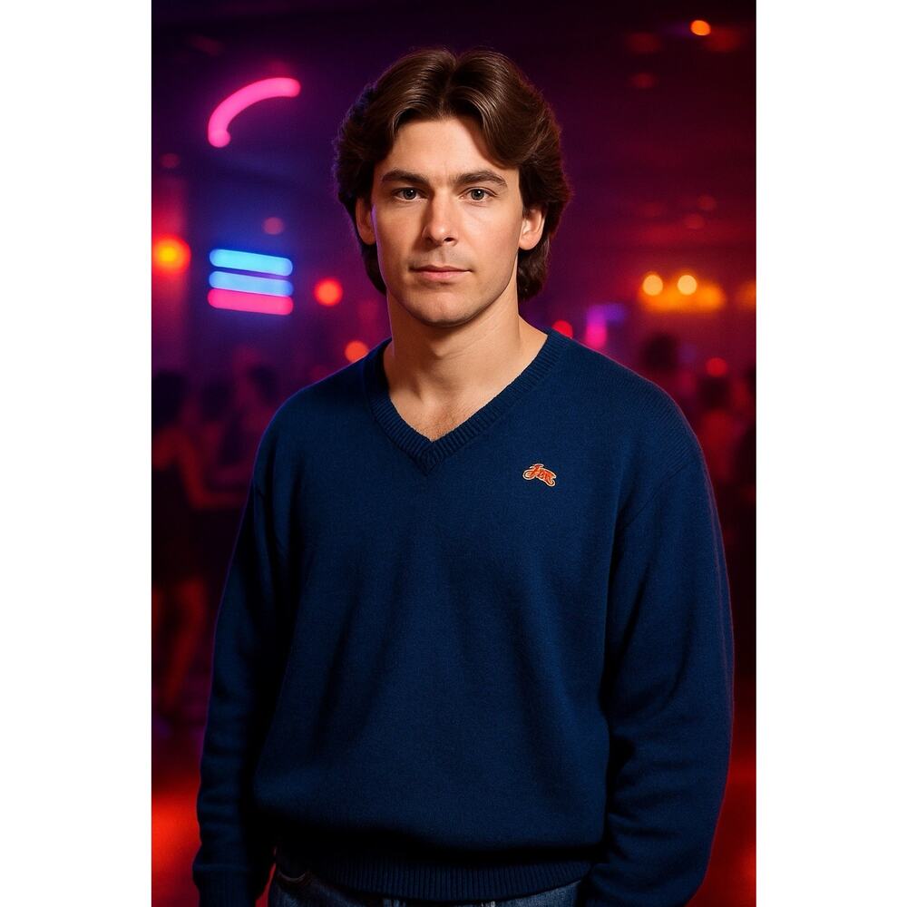VTG 90’s GARAN USA MENS SWEATER NAVY V-NECK LARGE PREPPY WOOL BLEND Retro